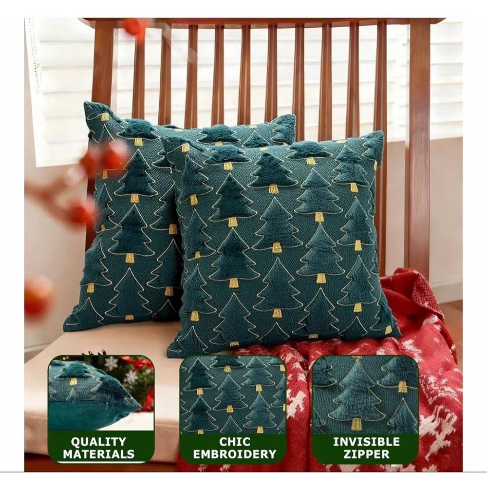 NEW Green Set of 2 Christmas Holiday Throw Pillow Covers 18x18”
